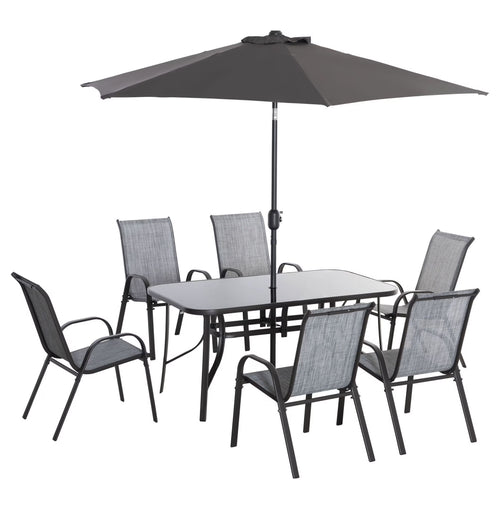 8-Piece Outdoor Dining Set with Umbrella, Patio Table and Chairs, Fast-Dry Fabric, 6 Chairs, Grey