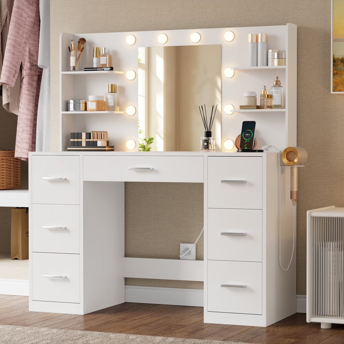 Vanity Desk with Mirror and LED Lights, Makeup Vanity with 7 Drawers & 4 Shelves, Vanity Table with Power Outlet for Bedroom Dressing Room, White