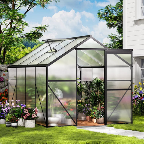 8x6 FT Greenhouse with Lockable Hinged Door Vent Window, Polycarbonate Walk-in Winter Greenhouse Sunroom, Black