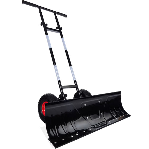 36in Galvanized Blade Hand Snow Pusher w/ 2 Wheels, Adjustable Handle, Blade Angle - Black