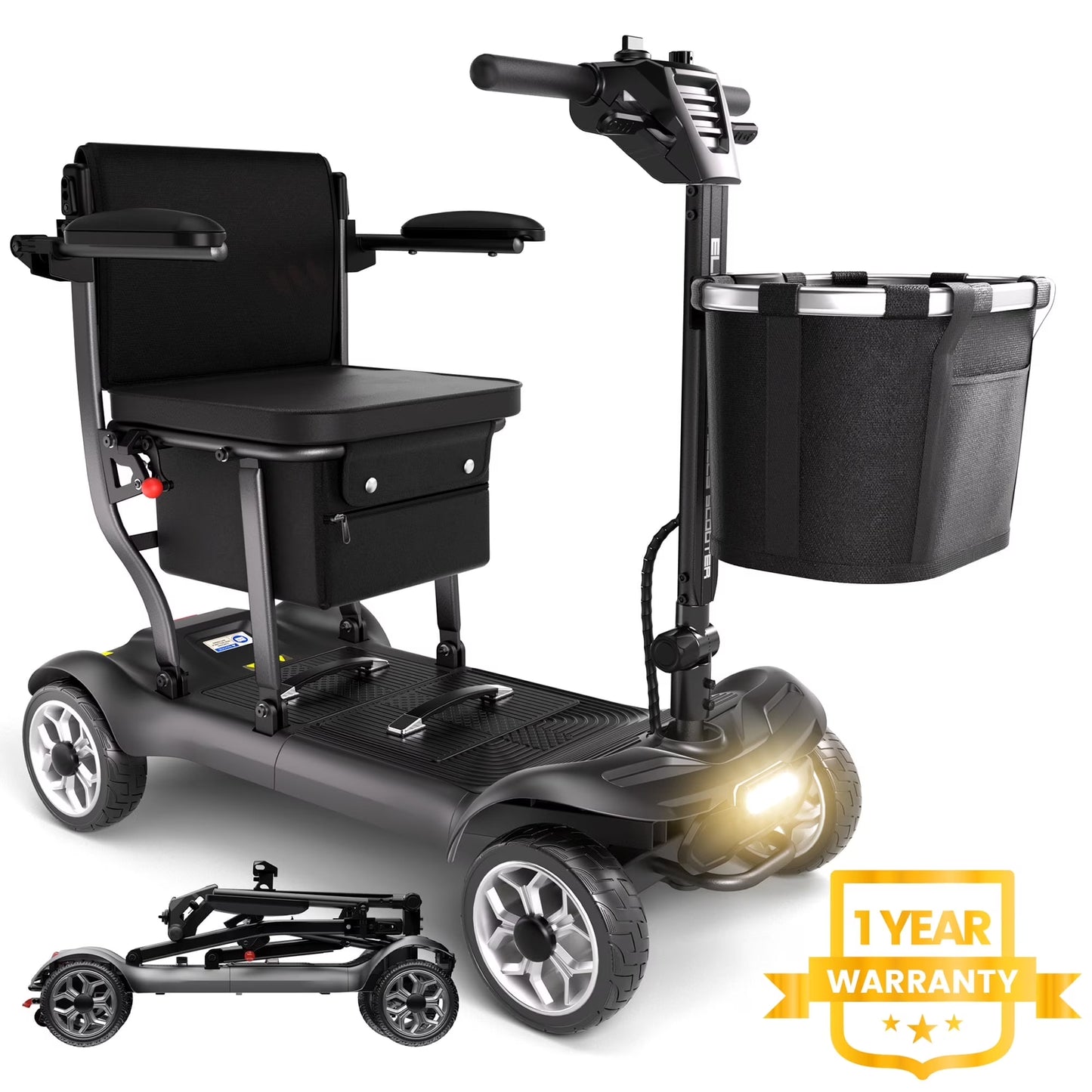 Light Weight 4 Wheels Mobility Scooter for Seniors, Electric Folding Wheelchair Device for Travel, Black