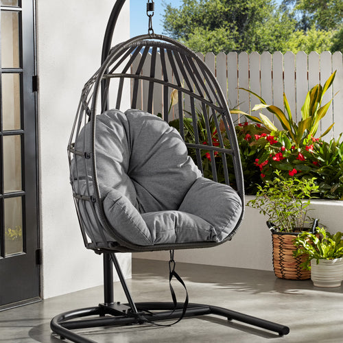 Outdoor Wicker Patio Hanging Egg Chair, Gray