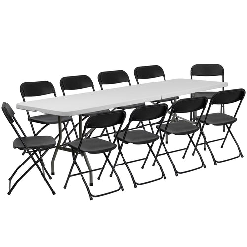 6ft White Folding Table and 10 Pack Folding Chairs Black, Plastic Table and Chair Set