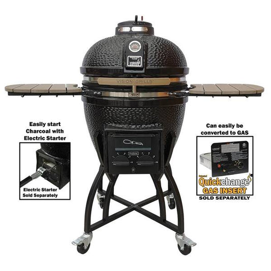22 in. Kamado S-Series Ceramic Charcoal Grill in Black with Cover, Cart, Side Shelves, Two Cooking Grates and Ash Drawer